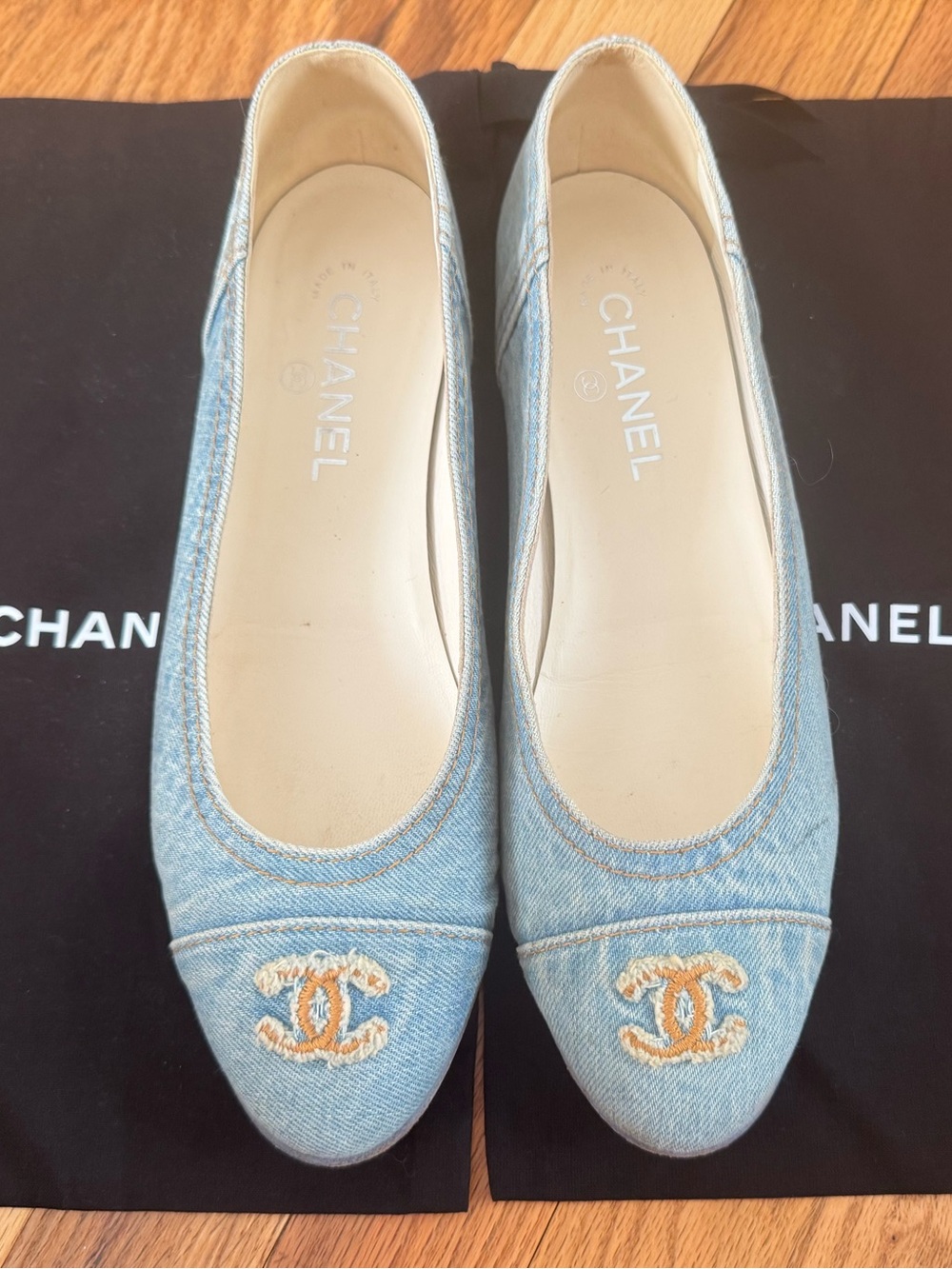 CHANEL Light Blue Denim Ballerina Flats with Embroidered CC